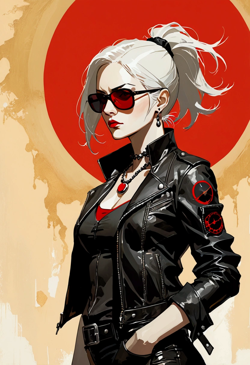 masterpiece, (best quality:1.2),(Ashley Wood Style:1.2),(Nick Vicesi Style:0.6), (Clear focus:1.2),Mature female,White hair,Ponytail, Black Gothic Leather Jacket, sunglasses, Red necklace, stocking, Death Stare, Solar eclipse background, Simple golden background