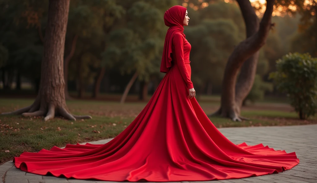 Asian woman in red satin long gown, wear modern hijab, mermaid-style, fabric clings tightly, immobile, full-body encapsulation, entirety of fabric about 7 meters in length trailing dramatically, overlong satin train, extreme detail on the texture of the satin, highlighting its reflective quality, cinched at the ankle, sexy random pose outdoor, dramatic lighting, ultra realistic, high-resolution photography.