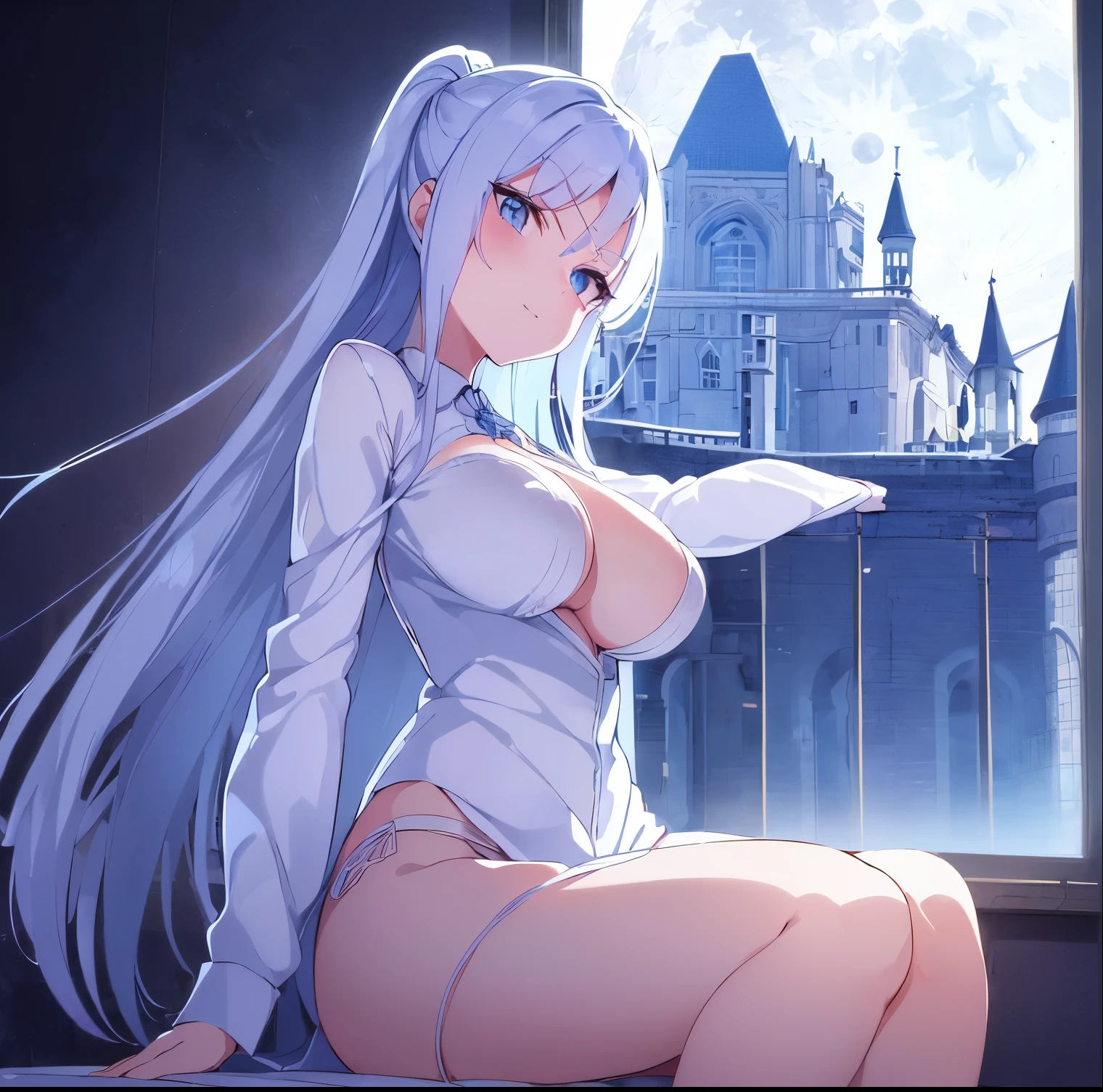 ((1girl)),((alone)), sylpha langlis,(masterpiece), (best quality), (ultra detailed), (best illustration), (best shadow), (absurdities), sharp focus, cowboy shot ,atmospheric perspective, depth of field, dynamic posture looking at the viewer, large breasts, narrow waist, wide hips, wide thighs, round butt, erotic, romantic, (very detailed eyes, lips 1.1), very detailed eyes, eyes, very face detailed, Very beautiful face, full height, beautiful slim figure, femininity, expressive appearance, elastic big breasts, sexuality, long hair, breasts, blush, blue eyes, light blue hair, big breasts, shirt, ((white shirt:1.4) ), ((long sleeves)),((neckline:1.4)),((white panties:1.3)), ((bare legs:1.4)), smile, hair between eyes, , curves, defined body, Perfect and beautiful body, perfect and beautiful, closed mouth, smile, happy smile, blushing, (sexy pose: 1.2), ((solo)), standing: 1.3,(( Castle: 1.5, room: 1.5, bedroom: 1.4, bed: 1.5, night: 1.5, window: 1.3, moon: 1.4, clear sky: 1.4)), looking forward, ((focus on thighs)), point of view: (from the middle), perfect anatomy, perfect hands