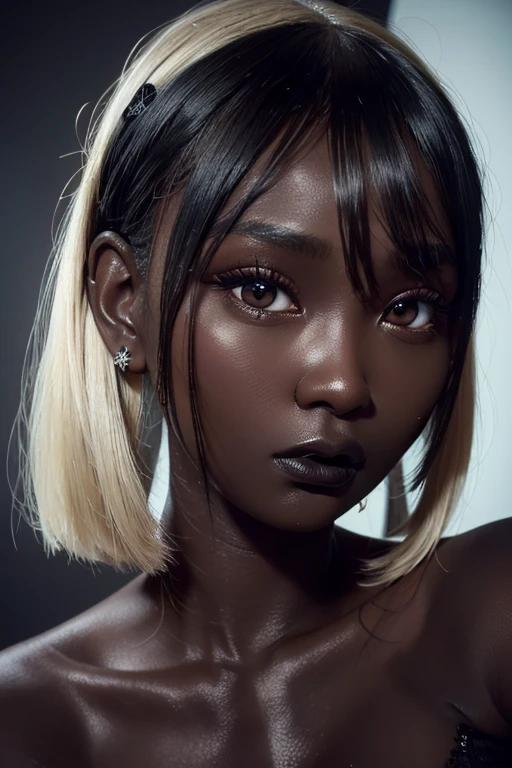 best quality, masterpiece, highres, (detailed:1.4), 1 girl, blonde hair, (dark skin:1.8), extremally thin eyebrows , thick bluish eyeshadow, thick black eyeliner, Highlighted eyes with eyeliner, false eyelashes, thick lips, imminent kiss