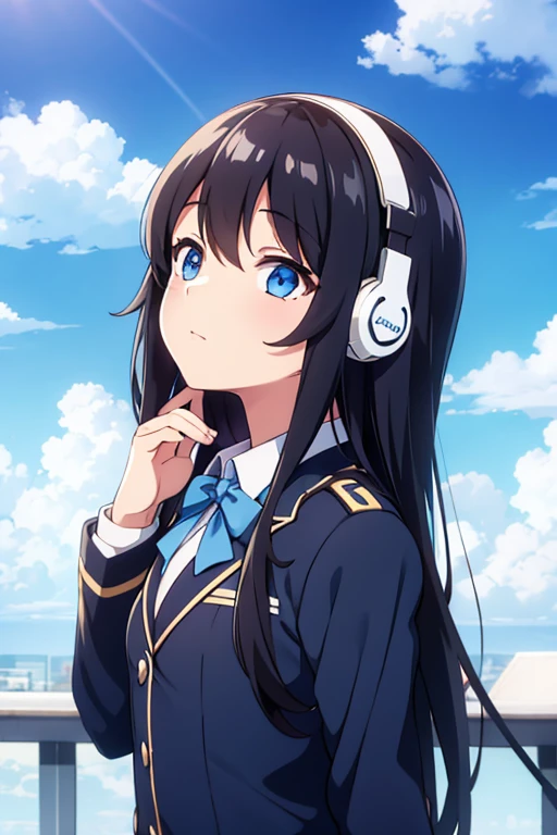 School rooftop,clear blue sky,cumulonimbus,One girl, Long Hair, chest, blue eyes, Black Hair, headphone,uniform,Looking up at the sky