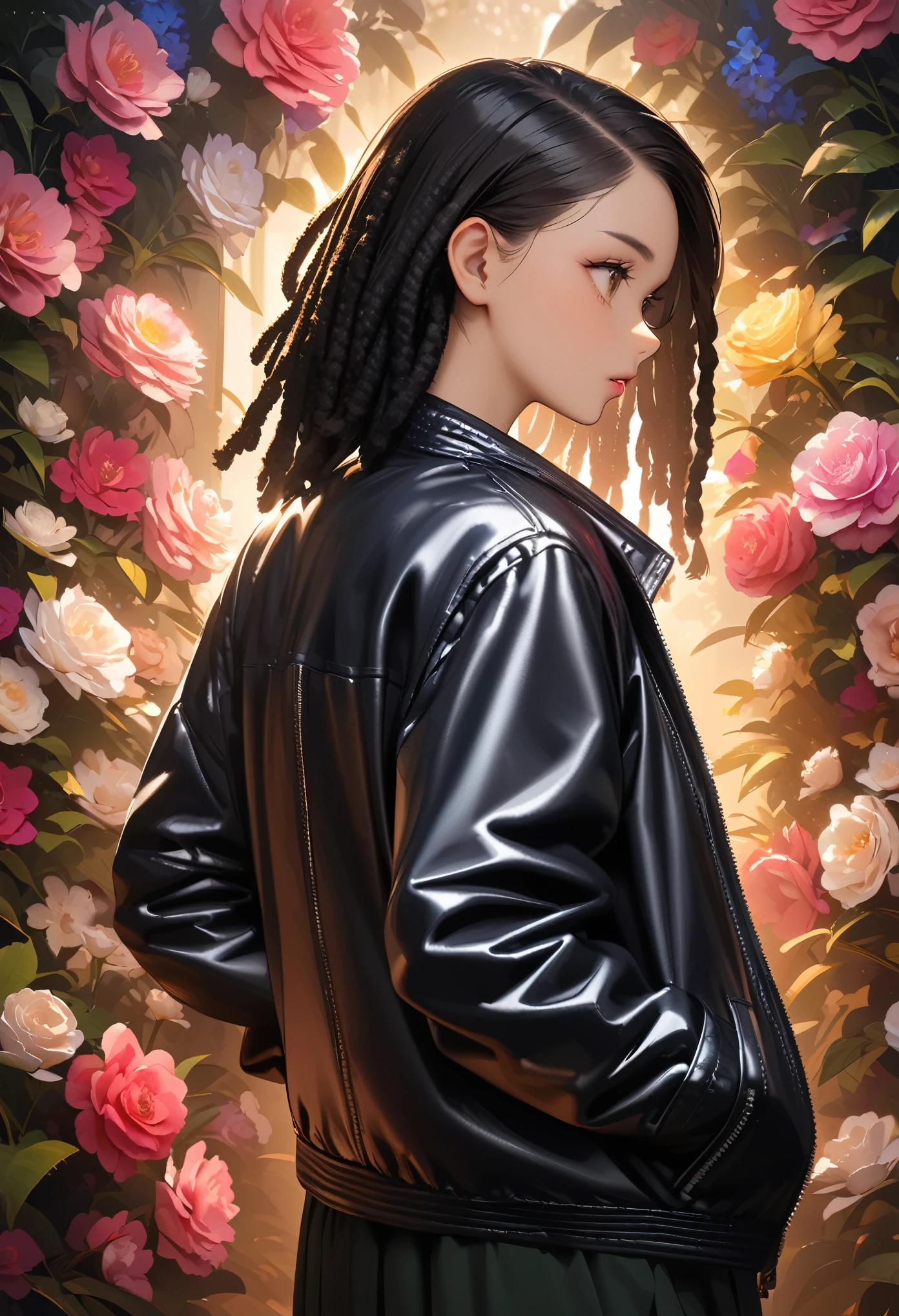 quality\(masterpiece, best quality,8k,wallpaper of extremely detailed CG unit,hight resolution,top-quality,top-quality real texture skin,hyper realisitic,increase the resolution,RAW photos,best qualtiy,highly detailed,the wallpaper\), BREAK ,1girl\(fashion model,beautiful, glorious, looking away,(from back:1.3),wearing jacket\(leather\(very detailed\), crocodile lether,(black:1.4),short,smooth, shiny\),hands in pocket,only jacket\(nude\),cowboy shot,wearing heavy make-up,big eyes,cosmic eyes,dreadlocks hair\(colorful\),Whittled waistline\), BREAK ,background\(at photo studio,flowers\((black:1.3),many kinds of flowers,beautiful\),best lighting,\),close-up jacket