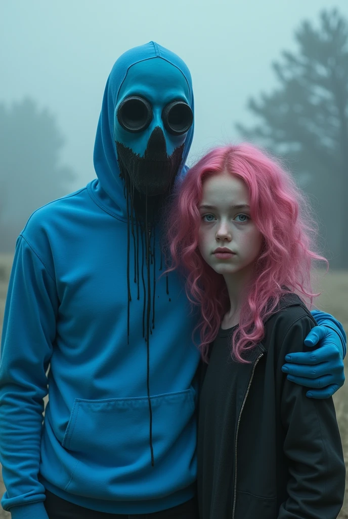 Man without eyes dripping black liquid wearing a blue mask and blue sweatshirt, next to a girl with curly pink hair