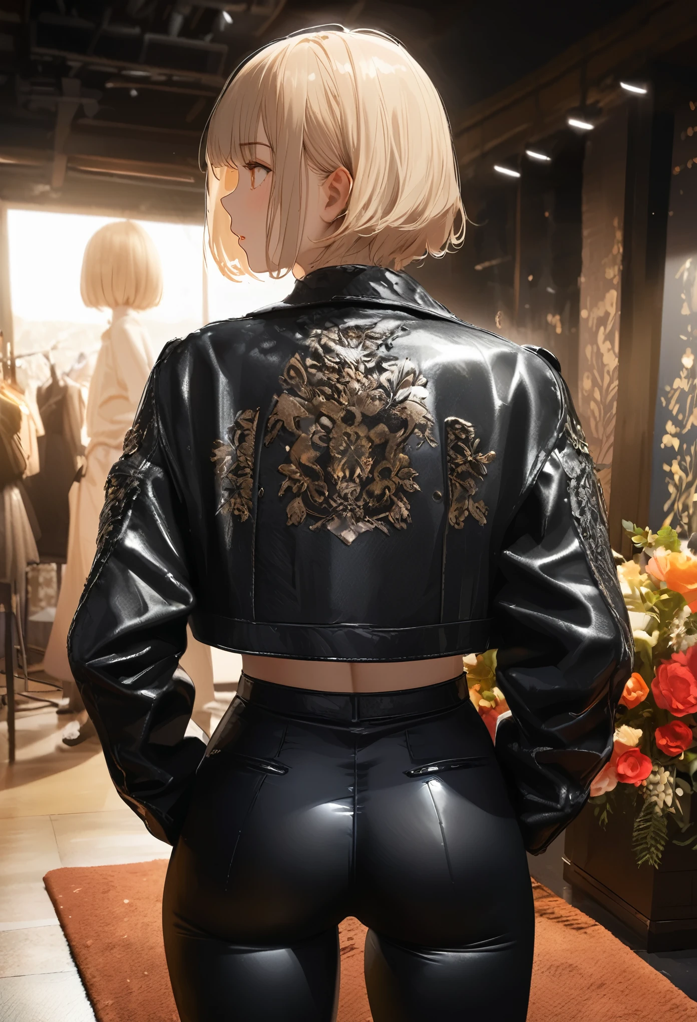 quality\(masterpiece, best quality,8k,wallpaper of extremely detailed CG unit,hight resolution,top-quality,top-quality real texture skin,hyper realisitic,increase the resolution,RAW photos,best qualtiy,highly detailed,the wallpaper\), BREAK ,1girl\(fashion model,beautiful, glorious, looking away,(from back:1.3),wearing jacket\(leather\(very detailed\), crocodile lether,(black:1.3),short,smooth, shiny\),hands in pocket,only jacket\(nude\),cowboy shot,wearing heavy make-up,big eyes,cosmic eyes,short hair\(blonde, asymmetry\),Whittled waistline\), BREAK ,background\(at fashion studio,flowers\((black:1.3),many kinds of flowers,beautiful\),best lighting,\)