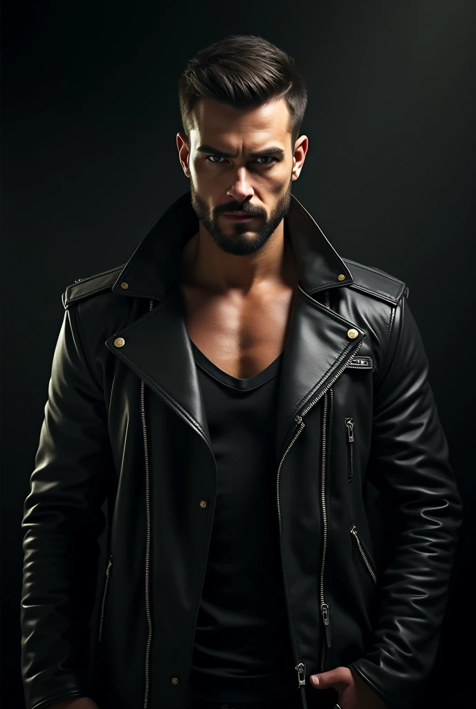 a man wearing a black leather jacket, detailed facial features, sharp eyes, perfect skin, chiseled jawline, muscular body, leather jacket with zippers and buckles, dark background, moody lighting, dramatic shadows, high contrast, cinematic style, dark and gritty, digital art, hyper realistic, 8k, photorealistic