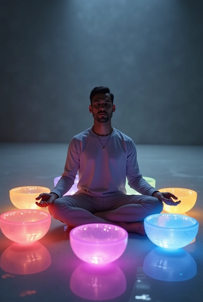 Crystal singing bowls in the colour of the chakras,around a man, with chakras 