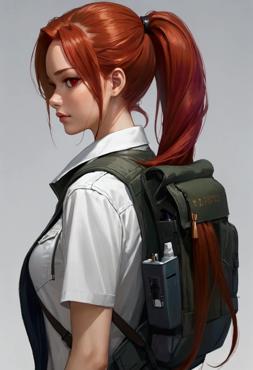 (painting) ((masterpiece, best quality)) (Character Design Sheet, Same role, front, side, Back, There is text written around) Long hair woman, Red Hair and Ponytail Hairstyle, Brown eyes, Wearing a bulletproof vest, One zip-up long-sleeved T-shirt, White shirt and jeans, Backpack, Stand and relax