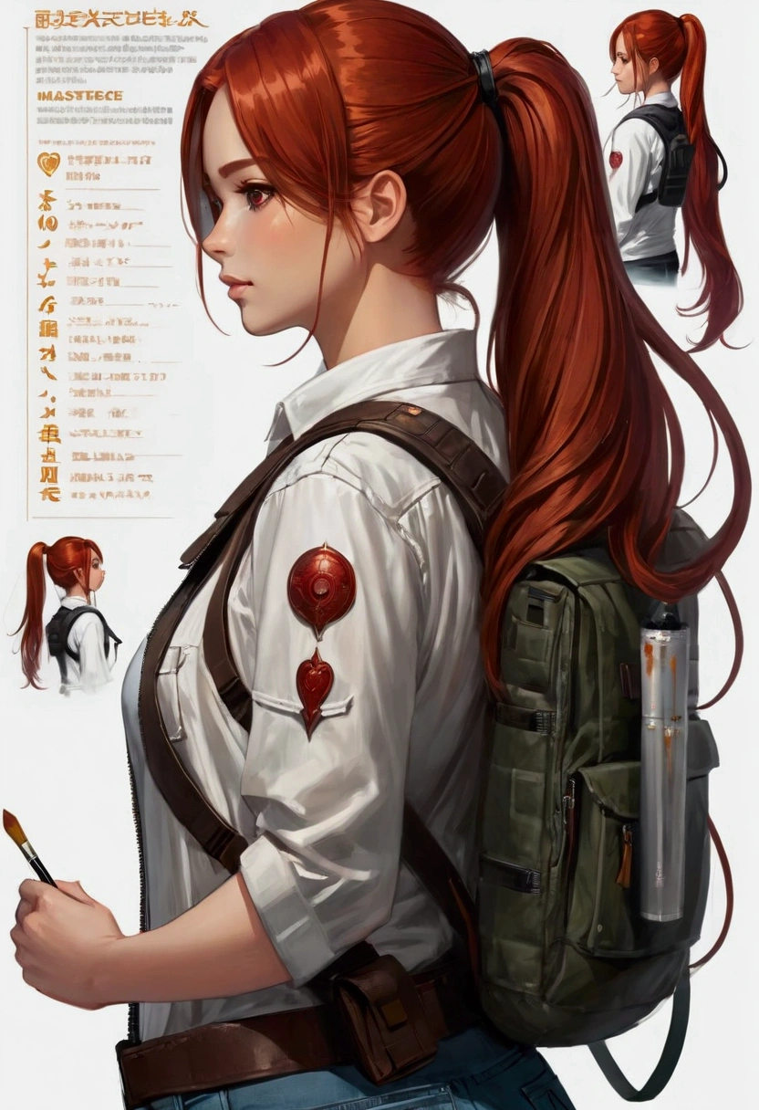 (painting) ((masterpiece, best quality)) (Character Design Sheet, Same role, front, side, Back, There is text written around) Long hair woman, Red Hair and Ponytail Hairstyle, Brown eyes, Wearing a bulletproof vest, One zip-up long-sleeved T-shirt, White shirt and jeans, Backpack, Stand and relax