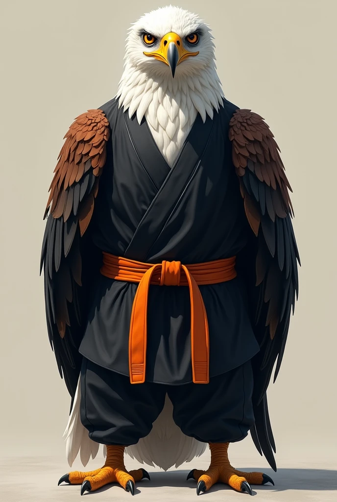 Eagle wears a black martial arts uniform with an orange belt