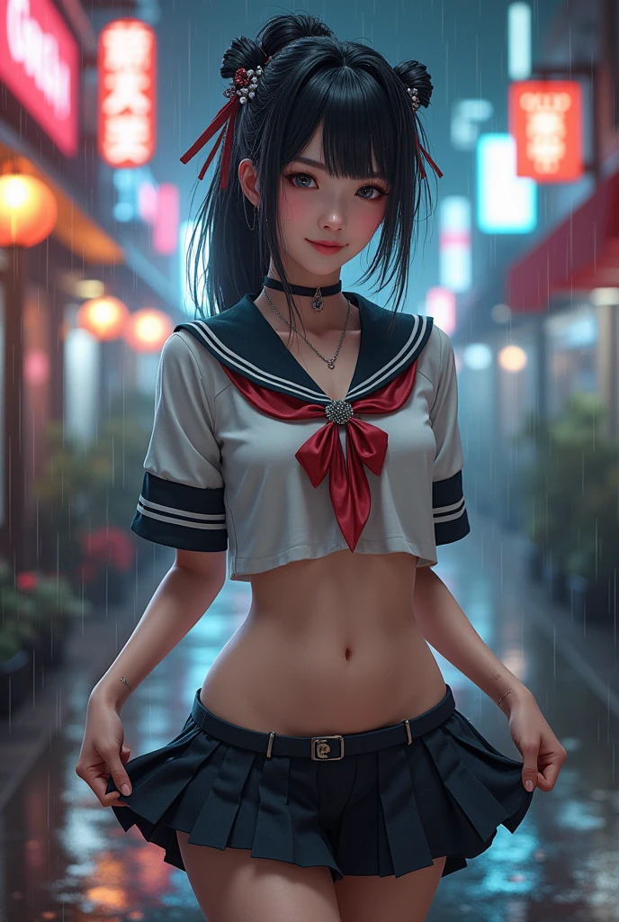 A very beautiful woman of no nationality with oriental features、Wearing a sailor suit、Hair tied in Shimada style、Smiling Kindly、Beautiful and detailed sailor uniform texture、Beautifully detailed body and face、Ideal body type、rainに濡れた詳細な肌、rainに濡れた詳細な髪、rainに濡れた詳細な服、Big Breasts、Tight waist、Detailed navel、Beautifully detailed thighs、Beautifully detailed eyes、Beautifully detailed mouth、Long eyelashes、Facial features are detailed、hairpin、hair ornaments、Short skirt、Lifting her skirt to show her panties、Cyberpunk City's Entertainment District、night、rain、