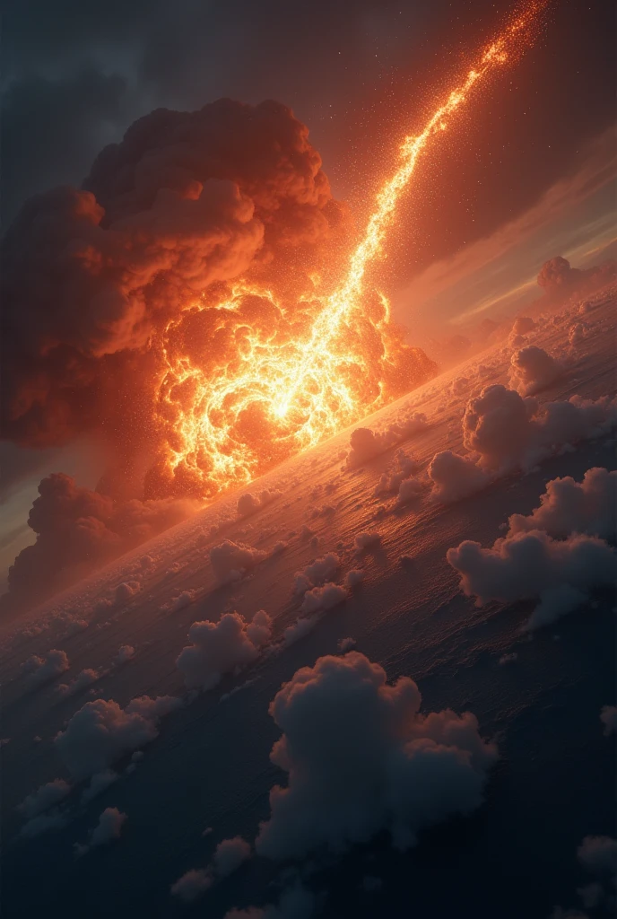 a huge explosion on the earth's surface from above, a comet streaking across the sky, massive explosion, apocalyptic, dark ominous clouds, dramatic lighting, cinematic composition, photorealistic, 8k, highly detailed, realistic, dramatic, intense, explosive, otherworldly, epic scale, awe-inspiring