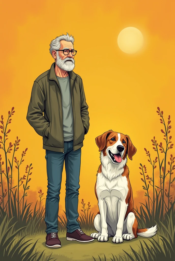 A calm and happy man standing, next to a sitting dog that is happy, with a cheerful background, that it is seen from afar and that it is a drawing, with a much more formal drawing style and a much more worked background, that it is like for the cover of a horror book, that looks like it was made by a person, that looks less realistic, much less realistic