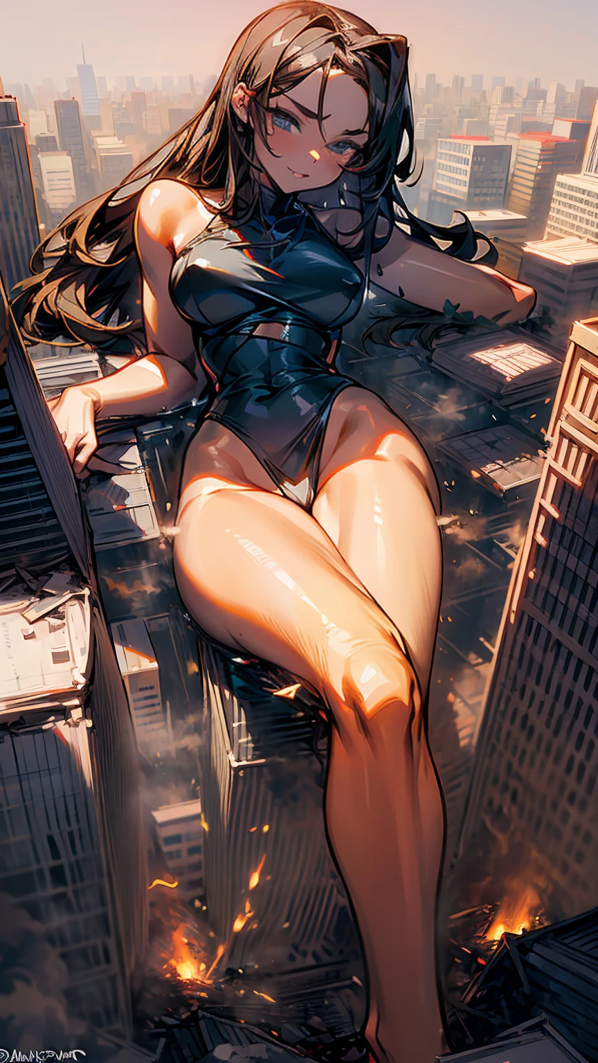 Giantess with firm , long sexy legs, yellow hair and in a bikini is lying on the ground, while the city at her feet burns in flames from the destruction she has caused, while tiny people climb on her body to have sex with her. Giantess, goddess, macrophilia, curvaceous body, hentai, fetish, sexy legs, bikini, high heels, high quality
