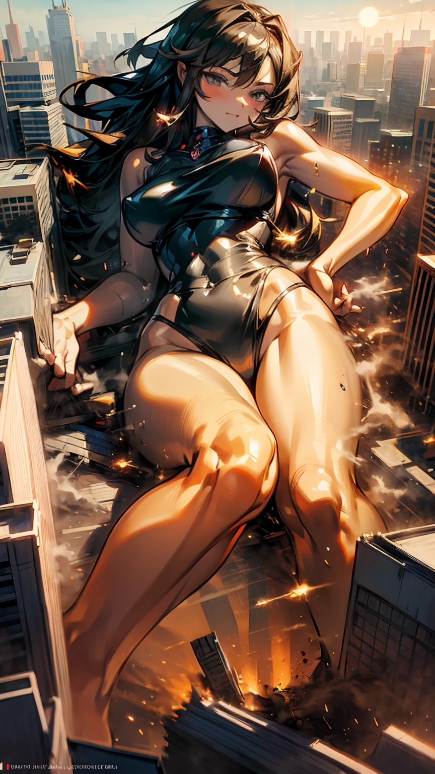 Giantess ((sexy and most hottest Woman)), slender but curvaceous figure, (masterpiece, best quality), sultry expression, (real picture, intricate details), (1 lady, solo, firm breasts, no muscles), long flowing hair, seductive eyes, (slender waist, curvy hips, tan skin), (skimpy bikini, sexy swimwear, alluring pose), confident and dominant, lying down, sensually destroying the city, buildings crumbling beneath her, (cityscape in ruins, cars flying), seductive smile, captivating gaze, (destruction, chaos, sensuality), Background: Massive city skyline, destruction in progress, people running in panic, sun setting, dramatic lighting.