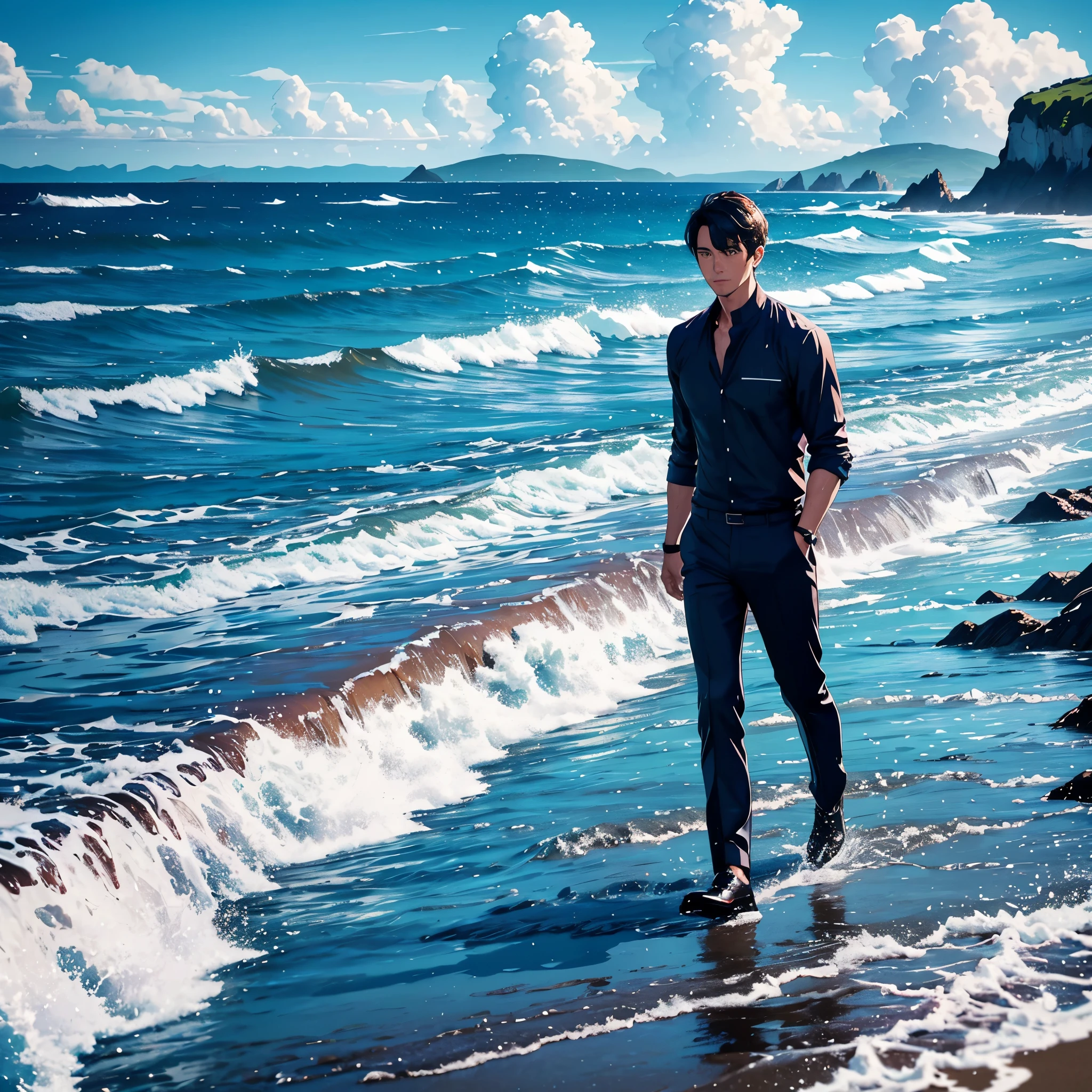 A handsome man in a shirt, walking on a wet beach shore at a distance, looking at the viewer, set against a blue beautiful sky. The sky and clouds are reflected on the wet shore. The man is centered with the focus on the expansive and fantastical landscape, reminiscent of a cinematic scene. Bright, and vibrant colors. Background has trees and cliffs.