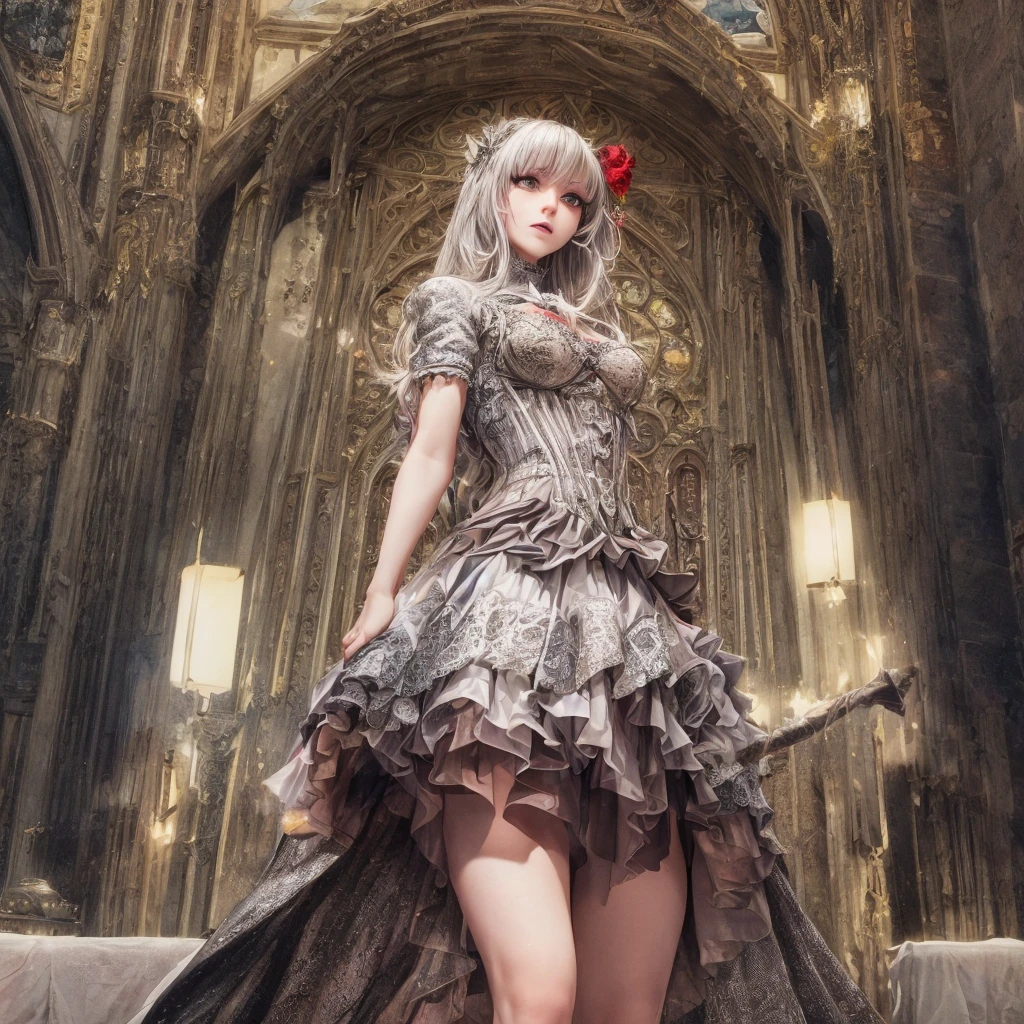 a gothic lolita girl in a majestic cathedral, beautiful detailed eyes, beautiful detailed lips, extremely detailed eyes and face, long eyelashes, elegant gothic dress with a skirt full of frills, red accent embroidery, long shining white hair, mysteriously glowing crimson eyes, queen, crystal flower, sparkling stained glass like a kaleidoscope, layered skirt with detailed embroidery, very layered ruffles, detailed texture, a geometric magic circle above her head, ornamented silver walking stick, the hidden forbidden sanctuary, cool pose, glamour, from below, (best quality, 4k, 8k, highres, masterpiece:1.2), ultra-detailed, (realistic, photorealistic, photo-realistic:1.37), HDR, UHD, studio lighting, ultra-fine painting, sharp focus, physically-based rendering, extreme detail description, professional, vivid colors, bokeh