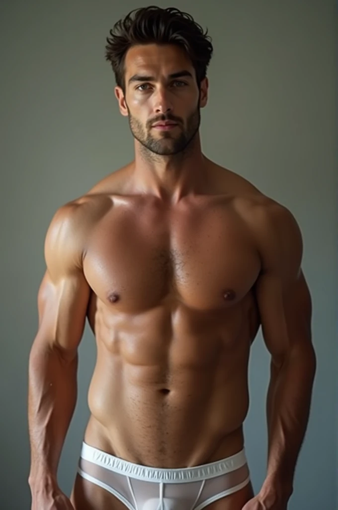 Handsome man mixed View viewers Real light and shadow 4K Sweaty brunette Blue eyes Sexy man In transparent underwear