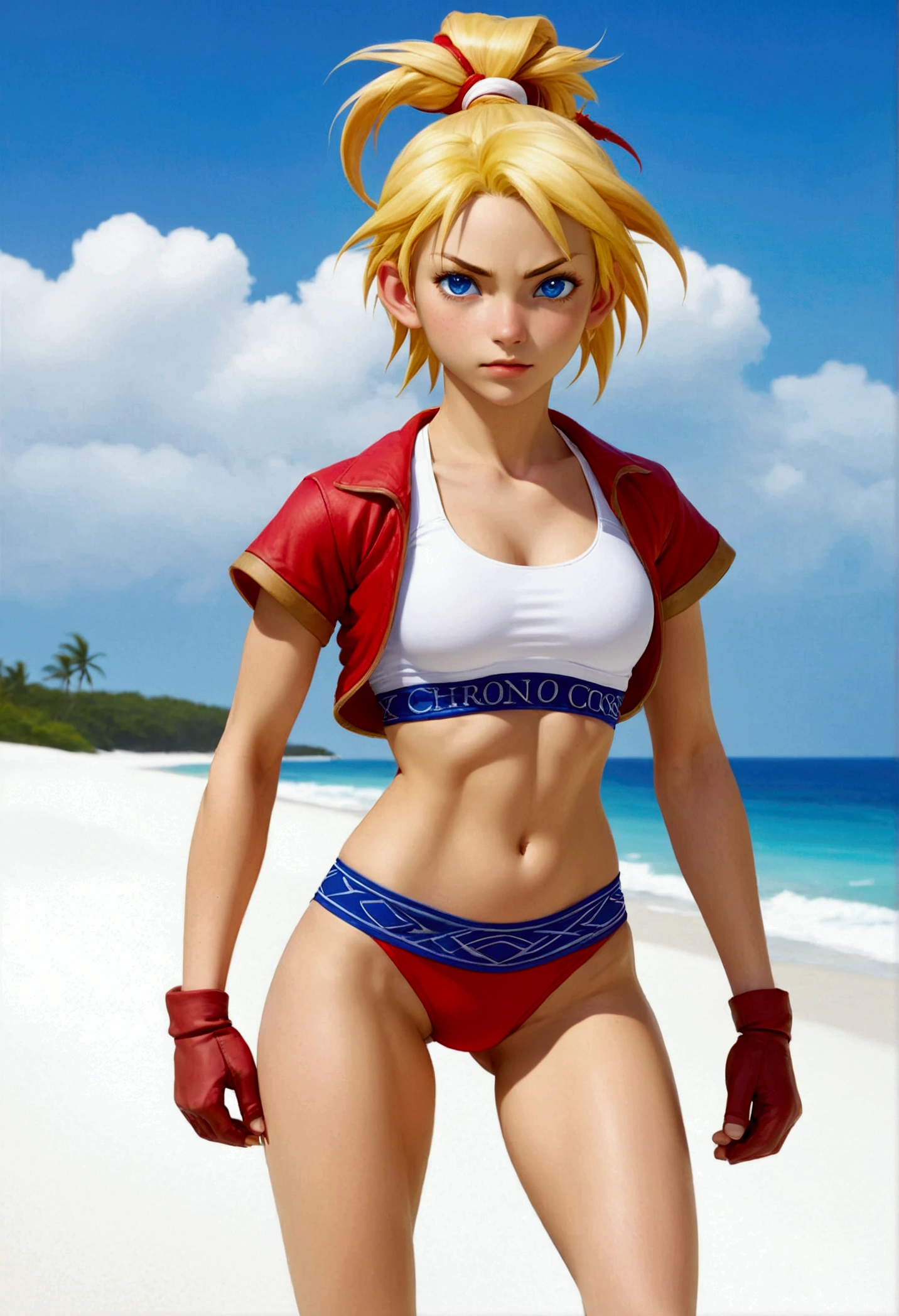 (promotional art), (Whole body view), (Kid from Chrono Cross), yellow hair in high ponytail braid, sapphire blue eyes, very slender toned frame, medium/large bust, pale white skin, (pair of white claw marks on both inner thighs;1.3), (strong glutes), fierce expression, BREAK: (tight red micro skirt with very high front slit), high cropped red jacket with short sleeves, skin tight white sports bra under jacket, (tight white sports bra:1.25), loose brown leather ankle boots, BREAK: 1/4 walking pose, on a white sand beach, ocean spray shooting up behind her