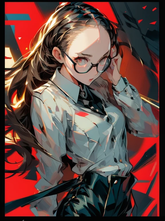 ((chibi)), big head, focus face, in the art style of persona5, (masterpiece:1.2, highest quality), (Realistic, photoRealistic:1.4), Beautiful illustrations, (Natural Side Lighting, Cinema Lighting), Written boundary depth, Beautiful thighs staring at the viewer, 1 female, 30-year-old, alone, thin, slender, (small breasts), long Hair, straight Hair, Forehead, Forehead, Forehead, Forehead, thin, slender, glasses, ((Skinny black pants, collared shirt)), Are standing, (((glasses))), ((Close-up)), ((Close-up)), ((Close-up))