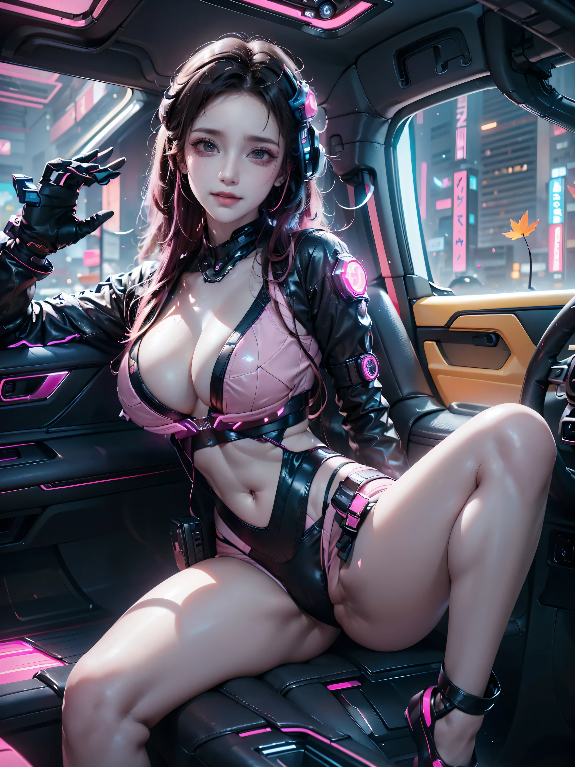 ((16K)),((masterpiece:1.3)), ((Highest quality)), ((Ultra-high resolution)), (Very detailed), ( ultra-realistic, Photorealistic:1.4), Perfect lighting,((Side light)), Surrealism,No makeup, Film Grain, chromatic aberration, Sharp focus, Face Light,((Beautiful detailsまでこだわった髪)),((Beautiful eyelashes)), Beautifully detailed face, ((Beautiful Hair)),Beautiful details, Beautiful clavicle, Beautiful body, Thin legs,Beautiful breasts, Beautiful legs, ((Detailed and carefully drawn hand)), ((Cleavage)),Pointed Chest, Perfect Anatomy, Supermodel with a long neck,((Skinny1.3)),23 years old,Looking into the camera,(Perfect Anatomy,Anatomically correct, Very detailed肌), Glowing Skin,((pale skin)),((beautiful girl:1.1)),(((large breasts:1.5))),Dainty facial structure,((smile:1.4)),((Command nezuko:1.5)), ((demon slayer)), ((pink jacket)), ,((wearing (pink) Cyberpunk Gunfighter:1.2)), ((Futuristic pink Cyberpunk Outfit)), ((Don a futuristic ensemble with cyberpunk-inspired clothing, incorporating sleek lines and high-tech details:1.4, Gloves with Built-in Tech, Enhance the look with gloves that feature built-in tech elements, adding a sci-fi touch, Holographic Gun Holster, Carry a holographic gun holster for an avant-garde and visually striking appearance in a Hollywood-worthy action scene)), ((pink fall leaf effect:1.4)),((light effect:1.2)),((Sitting in a cyberpunk car:1.4)),((drive:1.2)),((Spread legs:1.4)),((facing viewer))),Create a detailed and futuristic image of a cyberpunk car. The car should have a sleek, aerodynamic design with sharp angles and aggressive lines. The body is made of a dark, metallic material with neon lights running along the edges, glowing in vibrant colors like electric blue, neon pink, or vivid purple. The wheels are large, with illuminated rims and low-profile tires, giving the car a hovering appearance. The windows are tinted, reflecting the neon lights of the surrounding cityscape. The interior, visible through the windows, features a high-tech dashboard with holographic displays. The car should exude an atmosphere of speed, power, and cutting-edge technology, perfectly blending into a neon-lit, rain-soaked cyberpunk city,((wide shot:1.6))