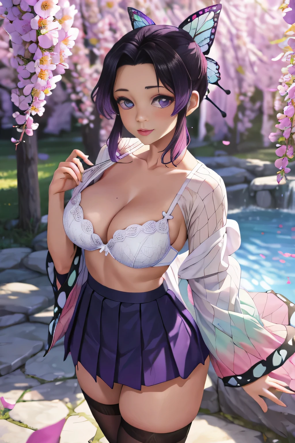Beautiful eyes、Ultra realistic 8K CG、masterpiece、((hyper detailed background、delicate patterns、intricate detailes))、top-quality、extra detailed face、extremely detailed eye and face、extremely detailed eye、kochou shinobu、O cabelo multicolorido、No bangs、Hair intake、a purple eye、brow、Black shirt、Black pants、haori、butterflys、buttoning、a belt、(garden:1.2)、purple flower、Chibi、cloudy ash sky、sunlights、Tindall Effect、gradient_skyporn、faces、Gorgeous sky、Waist saber、alluring posture、armpits
