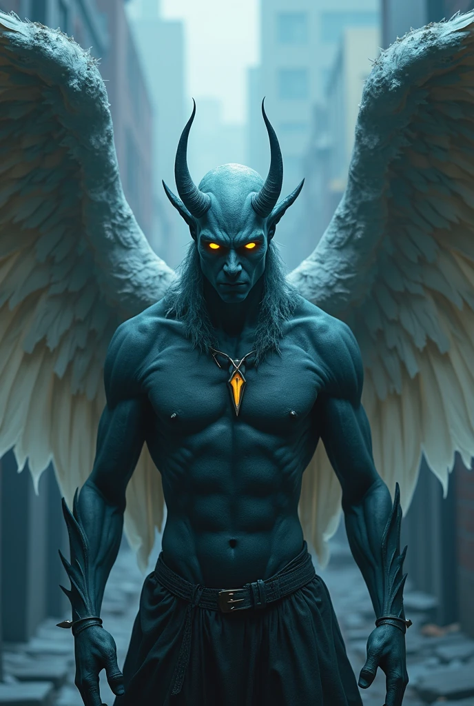 The fallen angel Raziel (flight:1.3), (with an all Azul-colored body), (bright yellow eyes:1.1), exhibits a demonic yet heroic figure. His large, (dirtied white wings), spread out in contrast against the dark city backdrop, create an intriguing dark fantasy style. The high-resolution image boasts an unparalleled level of detail, showcasing the soft, expressive, and highly-detailed face of the angel (actual:1). Every pore and vein on his face is visible, reflecting the photo-realistic quality. The full-color, 8K Ultra HD, 3D rendered image, powered by Unreal Engine v5.2,