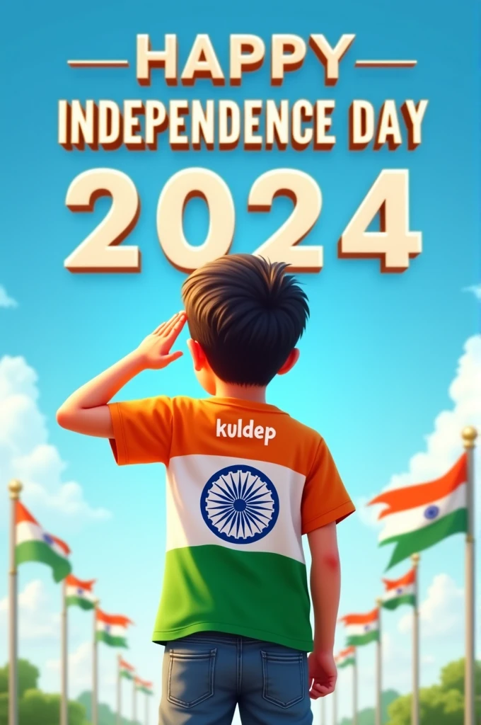 A young boy stands proudly under a clear blue sky, celebrating Independence Day on August 15th, 2024. He is wearing a vibrant tricolor T-shirt with his name "kuldep" printed on the back, along with a large image of the Ashoka Chakra. The sky above him features the words "Happy Independence Day 2024" in bold, festive letters. Indian flags are flying around him, and a sense of national pride fills the air as he salutes, symbolizing his love for the country.
