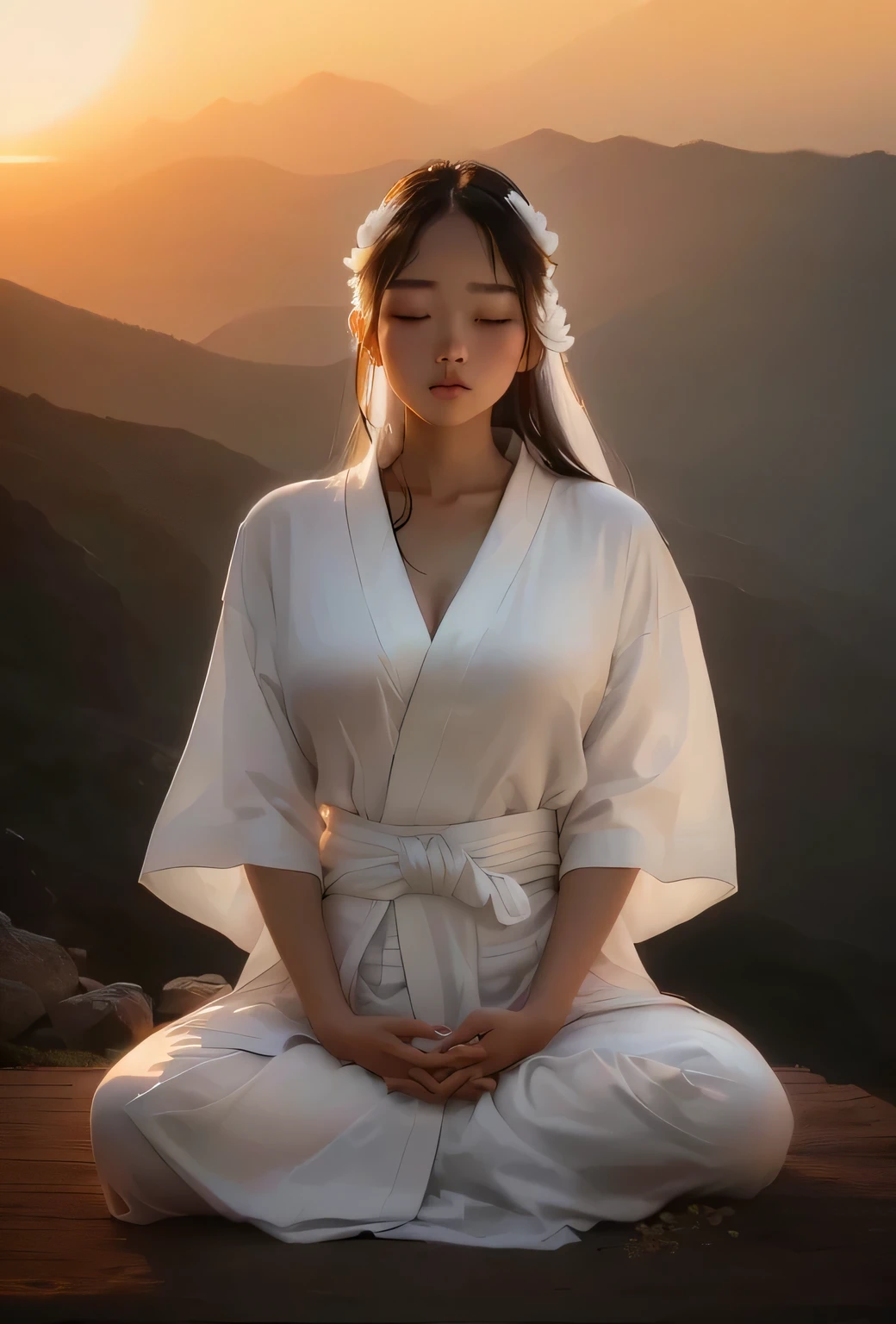 Arav woman wearing a white robe sitting on a rock, Meditation Postures, morning glow, flowing white robe, flowing white robe, meditation pose, Wearing a simple robe, Wearing a white robe, Wearing a white robe, wearing white silk robe, Calm expression, meditation, Wearing a white robe, 8K Sensual Lighting, yoga Meditation Postures, Wearing a white robes