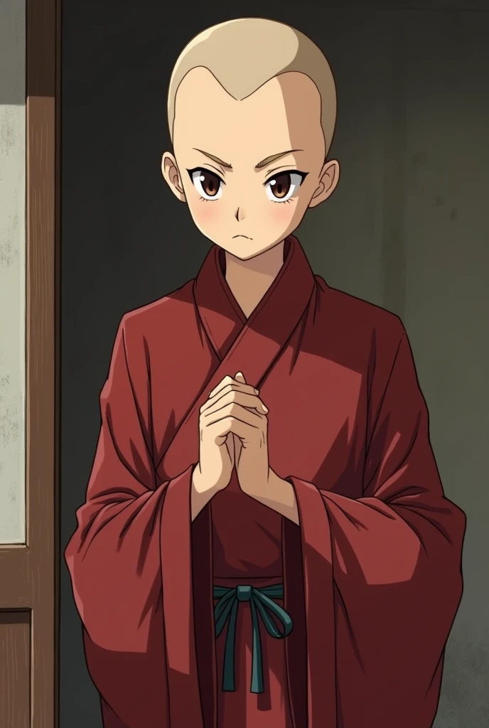 monk　Wearing robes　Shaved head　About junior high school age　Japanese style image　Mischievous image 9:Output at 16