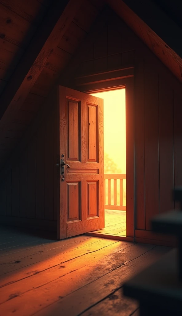 A slightly open attic door, with a warm, mysterious light spilling out, suggesting that this is where the adventure might begin.8k,vibrant,realistic