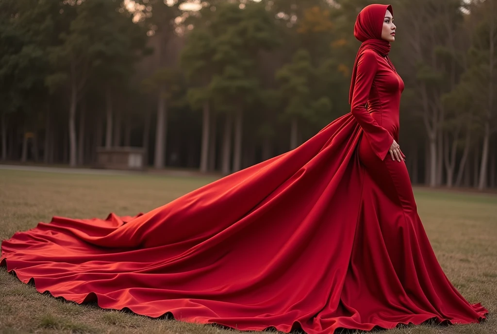 Asian woman in red satin long gown, wear modern hijab, mermaid-style, fabric clings tightly, wear sheer outer, full-body encapsulation, entirety of fabric about 7 meters in length trailing dramatically, overlong satin train, extreme detail on the texture of the satin, highlighting its reflective quality, cinched at the ankle, sexy random pose outdoor, dramatic lighting, ultra realistic, high-resolution photography.