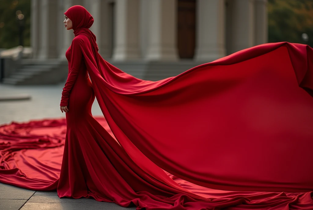 Asian woman in red satin long gown, wear modern hijab, mermaid-style, fabric clings tightly, wear sheer outer, full-body encapsulation, entirety of fabric about 7 meters in length trailing dramatically, overlong satin train, extreme detail on the texture of the satin, highlighting its reflective quality, cinched at the ankle, sexy random pose outdoor, dramatic lighting, ultra realistic, high-resolution photography.