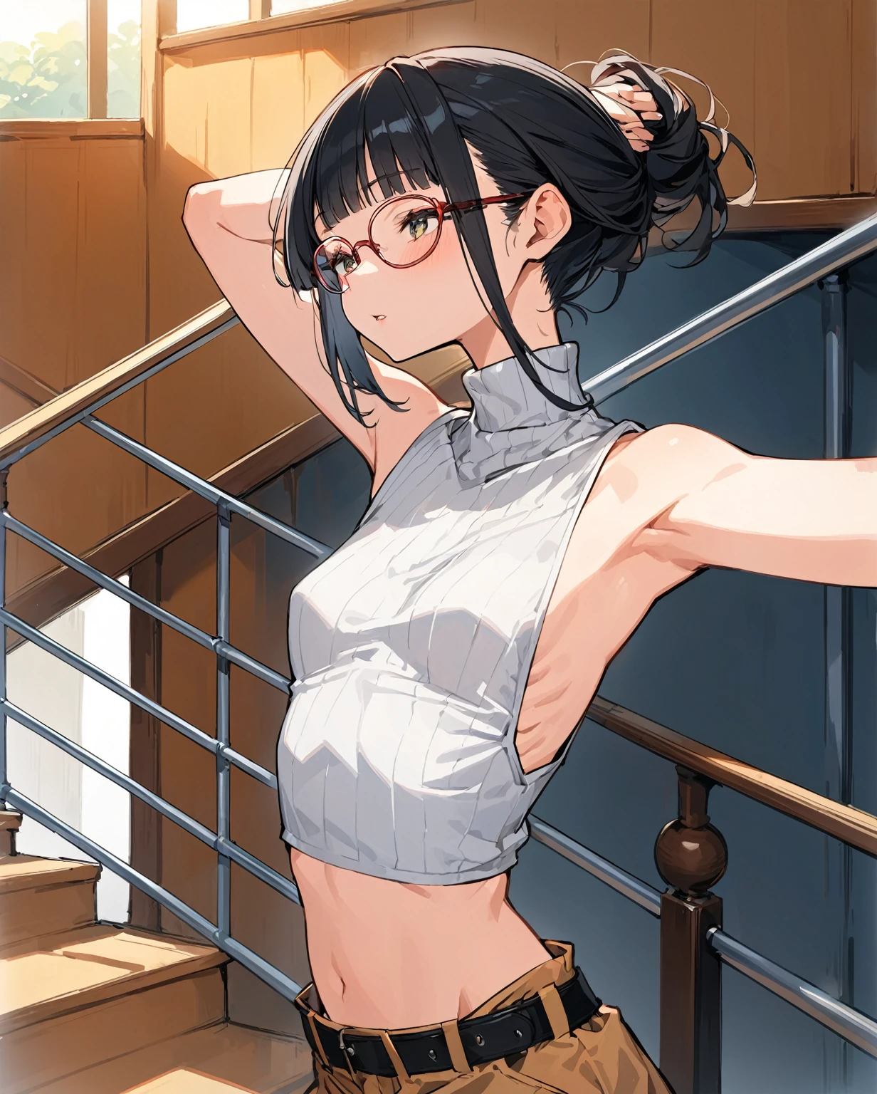 Sexy clothes,Revealing clothing,Focus on your audience,Naughty,The sides of the upper body are completely exposed,側面が完全に空いているデザインのSleeveless turtleneck,Exposed from the flank to the chest,Protruding ribs,Exposed waistline,Super low rise,Not wearing an inner layer、胸元が開いたデザインのSleeveless turtleneck,Exposed chest､Exposed flanks,sexy,Flat Chest,Focus on your audience,Very thin body,Anime Style,Slim figure,delicate,Glasses,Asian woman wearing a grey top posing on the stairs, Sleeveless turtleneck_Baggy, 脇が完全に開いているSleeveless turtleneck_Relaxed back design,rib cage,Side bust,Shoulders are wide open,sexyなWearing a crop top, Photo of slim girl model, Chiho, T-Top, shikamimi, Wearing a crop top, Real life anime girls, Kurohime cut hair, Chassis, 2 4-year-old female model