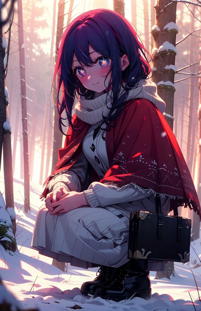 aihoshino, Ai Hoshino, Long Hair, bangs, (Purple eyes:1.1), Purple Hair, (Symbol-shaped pupil:1.5), smile,,smile,blush,white breath,
Open your mouth,snow,Ground bonfire, Outdoor, boots, snowing, From the side, wood, suitcase, Cape, Blurred, , forest, White handbag, nature, Squat, Mouth closed, Cape, winter, Written boundary depth, Black shoes, red Cape break looking at viewer, Upper Body, whole body, break Outdoor, forest, nature, break (masterpiece:1.2), Highest quality, High resolution, unity 8k wallpaper, (shape:0.8), (Beautiful and beautiful eyes:1.6), Highly detailed face, Perfect lighting, Highly detailed CG, (Perfect hands, Perfect Anatomy),