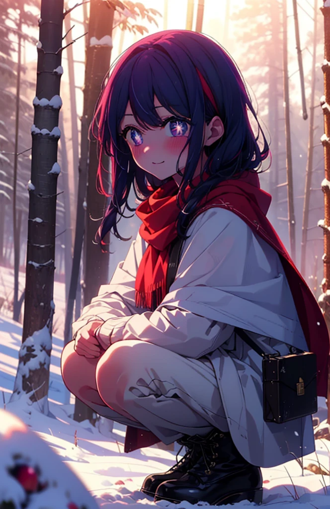 aihoshino, Ai Hoshino, Long Hair, bangs, (Purple eyes:1.1), Purple Hair, (Symbol-shaped pupil:1.5), smile,,smile,blush,white breath,
Open your mouth,snow,Ground bonfire, Outdoor, boots, snowing, From the side, wood, suitcase, Cape, Blurred, , forest, White handbag, nature,  Squat, Mouth closed, Cape, winter, Written boundary depth, Black shoes, red Cape break looking at viewer, Upper Body, whole body, break Outdoor, forest, nature, break (masterpiece:1.2), Highest quality, High resolution, unity 8k wallpaper, (shape:0.8), (Beautiful and beautiful eyes:1.6), Highly detailed face, Perfect lighting, Highly detailed CG, (Perfect hands, Perfect Anatomy),