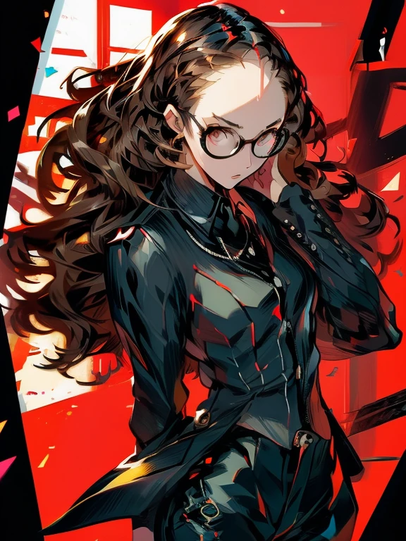 ((chibi)), big head, focus face, in the art style of persona5, (masterpiece:1.2, highest quality), (Realistic, photoRealistic:1.4), Beautiful illustrations, (Natural Side Lighting, Cinema Lighting), Written boundary depth, Beautiful thighs staring at the viewer, 1 female, 30-year-old, alone, thin, slender, (small breasts), long Hair, curly Hair, Forehead, Forehead, Forehead, Forehead, thin, slender, glasses, ((Skinny black pants, collared shirt)), Are standing, (((glasses))), ((Close-up)), ((Close-up)), ((Close-up))