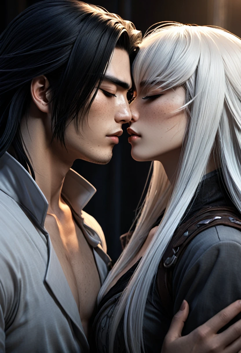 full faraway view, Stunning dark fantasy of 2 males, 25 year old anime male assassins, with long black/white hair freckled skin, intimately kissing, handsome, eyes closed, facial expressions of lust, Dark fantasy romantic semirealistic manga comic style. Volumetric and dynamic lighting. Hyperdetailed photorealistic hyperrealistic