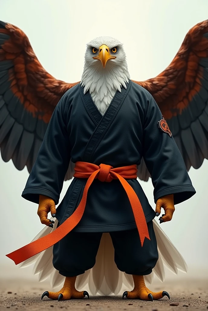 Eagle wears a black martial arts uniform with an orange belt