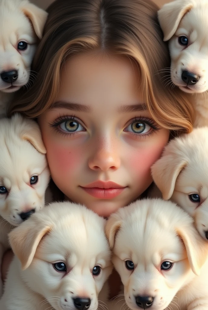 a cute age girl, 6 adorable white puppies, beautiful detailed eyes, beautiful detailed lips, extremely detailed eyes and face, long eyelashes, cute and adorable expression, beautiful young girl, soft lighting, warm color tones, (best quality,4k,8k,highres,masterpiece:1.2),ultra-detailed,(realistic,photorealistic,photo-realistic:1.37),colorful, vibrant, adorable, cute, kawaii, highly detailed, intricate, whimsical, magical, fantasy, soft focus, dreamy, warm lighting, oil painting
