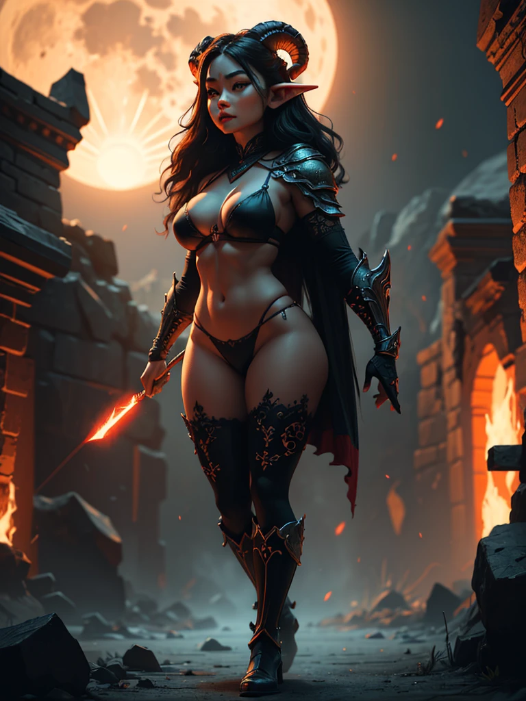 a beautiful busty Asian elf woman with ram horns, glowing eyes, and a long curling demon lizard tail, wearing a black and red bikini armor in ancient ruins at night under a full moon, black tattoo, boots, (best quality,4k,8k,highres,masterpiece:1.2),ultra-detailed,(realistic,photorealistic,photo-realistic:1.37),dark fantasy,cinematic lighting,dramatic atmosphere,vibrant colors,intricate details