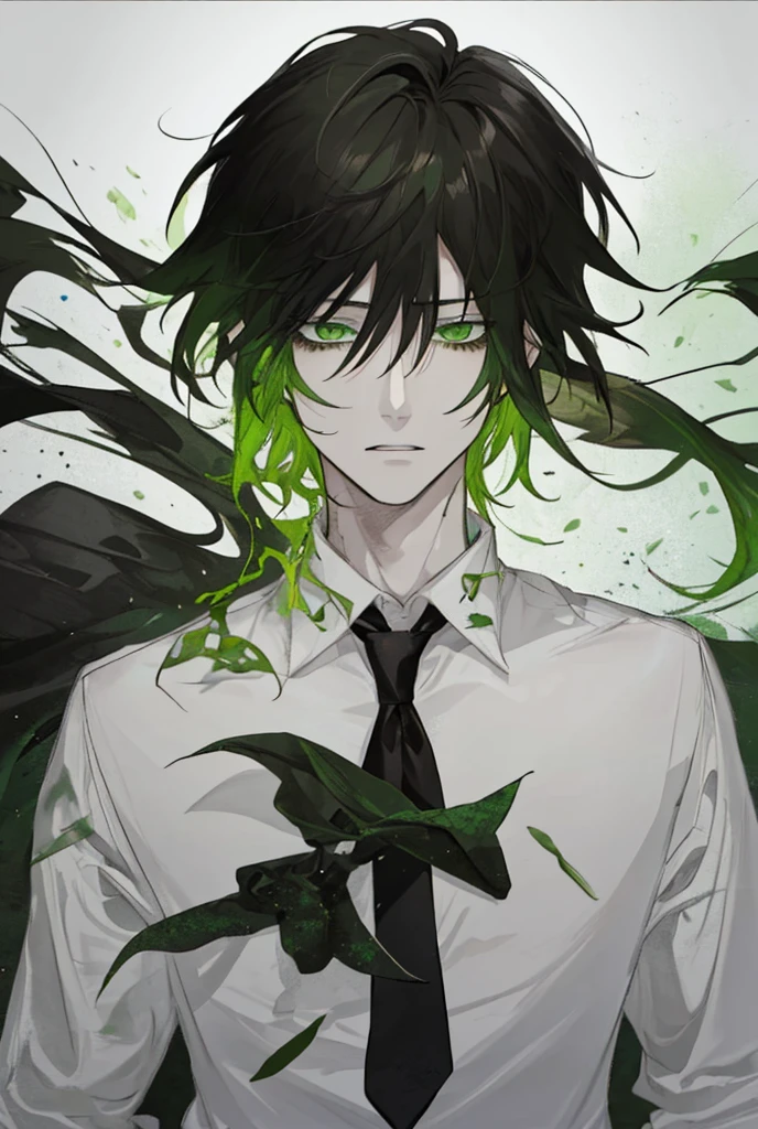 man, black hair, green eyes, White shirt