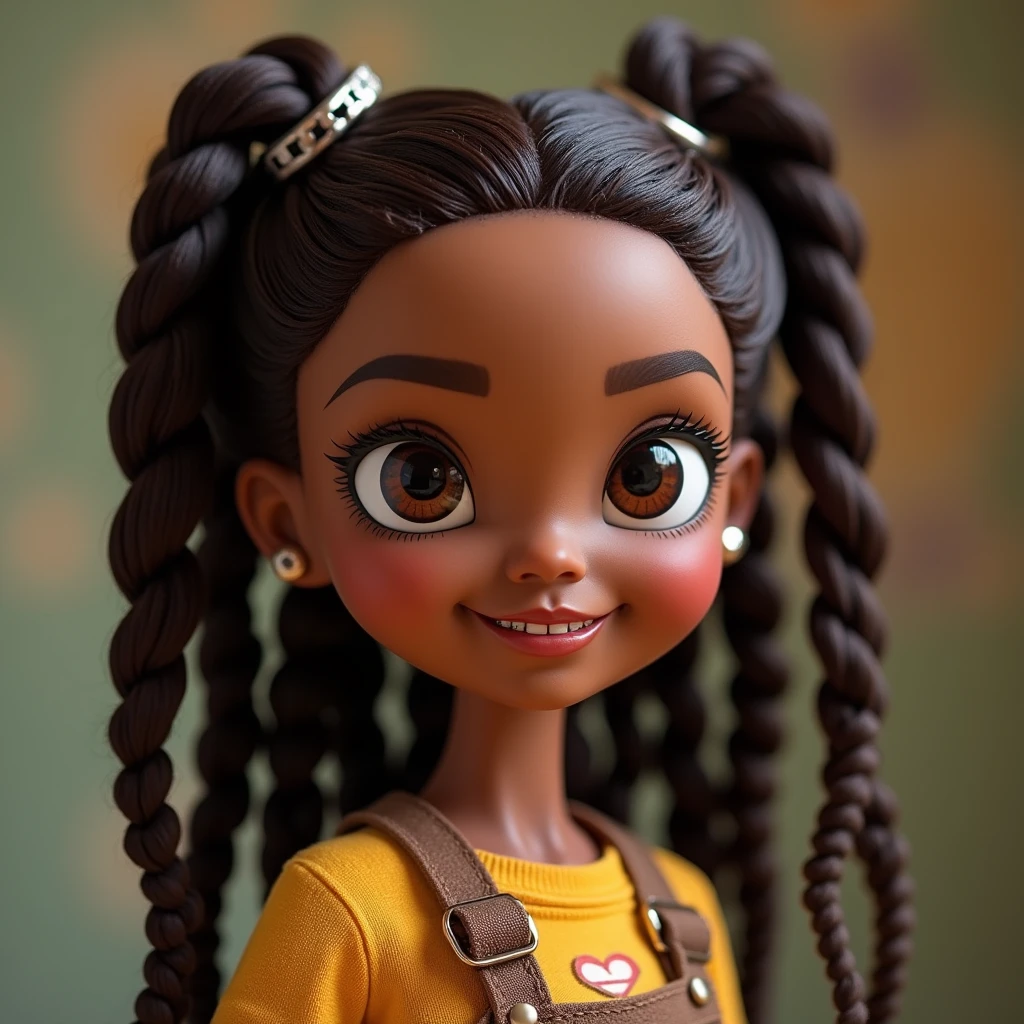Uma boneca blythe parda, with dark brown box braids (with some rings in the braid), wearing braces but not smiling too much. big eyes and baby hair.