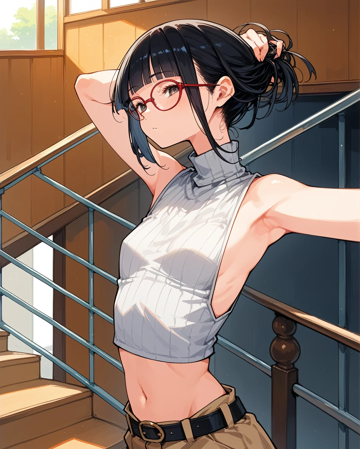 Sexy clothes,Revealing clothing,Focus on your audience,Naughty,The sides of the upper body are completely exposed,側面が完全に空いているデザインのSleeveless turtleneck,Exposed from the flank to the chest,Protruding ribs,Exposed waistline,Super low rise,Not wearing an inner layer、胸元が開いたデザインのSleeveless turtleneck,Exposed chest、Exposed flanks,sexy,Flat Chest,Focus on your audience,Very thin body,Anime Style,Slim figure,delicate,Glasses,Asian woman wearing a grey top posing on the stairs, Sleeveless turtleneck_Baggy, 脇が完全に開いているSleeveless turtleneck_Relaxed back design,rib cage,Side bust,Shoulders are wide open,sexyなWearing a crop top, Photo of slim girl model, Chiho, T-Top, shikamimi, Wearing a crop top, Real life anime girls, Kurohime cut hair, Chassis, 2 4-year-old female model