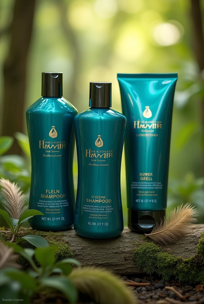 Setting: A serene, natural forest with lush greenery, feathers, and tree leaves.
Products: Three tubular bottles (shampoo, shower gel, conditioner) with a peacock color and silver/golden text.
Details: The bottles should have a cap the same size as the bottle and reflect natural, body-friendly, moisturizing, and nourishing qualities.