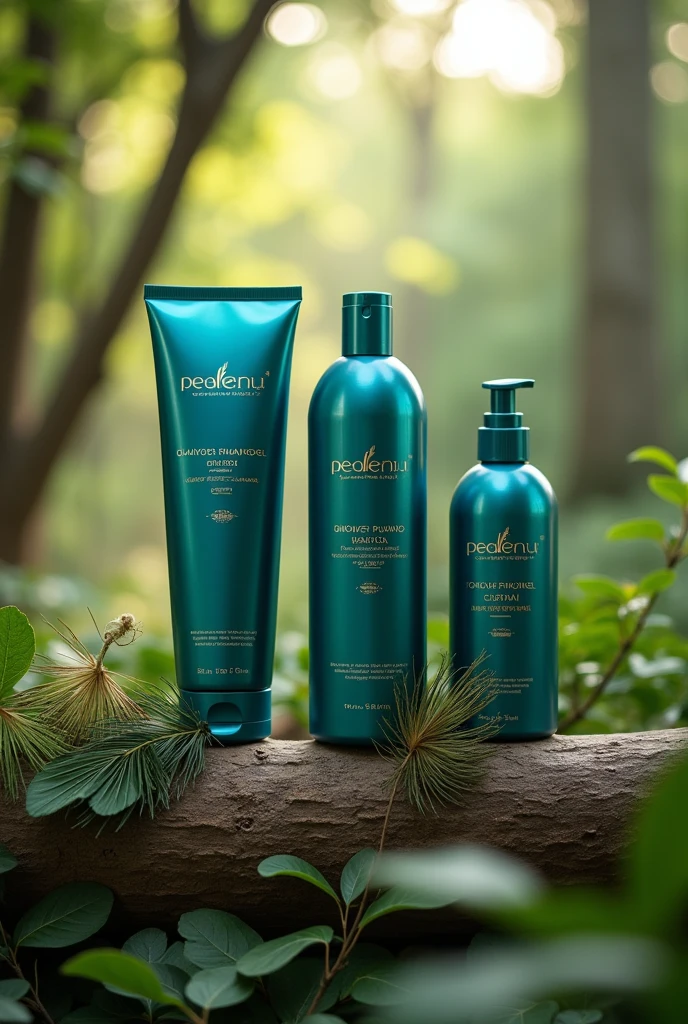Setting: A serene, natural forest with lush greenery, feathers, and tree leaves.
Products: Three tubular bottles (shampoo, shower gel, conditioner) with a peacock color and silver/golden text.
Details: The bottles should have a cap the same size as the bottle and reflect natural, body-friendly, moisturizing, and nourishing qualities.