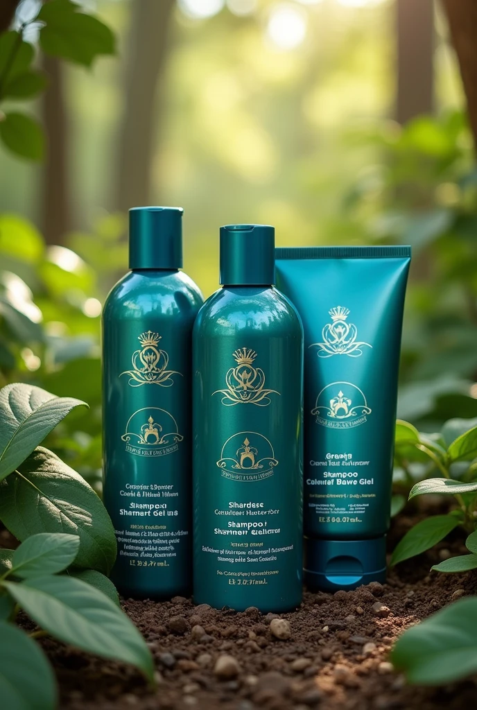 Setting: A serene, natural forest with lush greenery, feathers, and tree leaves.
Products: Three tubular bottles (shampoo, shower gel, conditioner) with a peacock color and silver/golden text.
Details: The bottles should have a cap the same size as the bottle and reflect natural, body-friendly, moisturizing, and nourishing qualities.