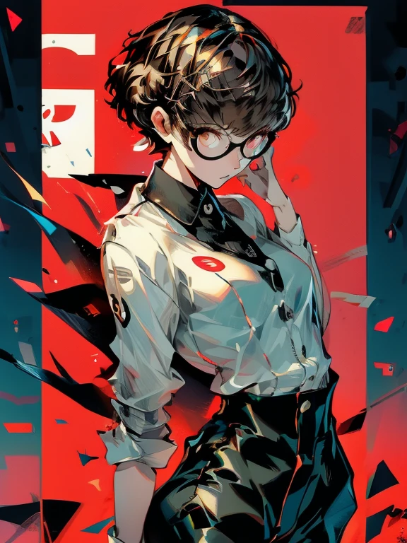 ((chibi)), big head, focus face, in the art style of persona5, (masterpiece:1.2, highest quality), (Realistic, photoRealistic:1.4), Beautiful illustrations, (Natural Side Lighting, Cinema Lighting), Written boundary depth, Beautiful thighs staring at the viewer, 1 female, 30-year-old, alone, thin, slender, (small breasts), short Hair, curly Hair, Forehead, Forehead, Forehead, Forehead, thin, slender, glasses, ((Skinny black pants, collared shirt)), Are standing, (((glasses))), ((Close-up)), ((Close-up)), ((Close-up))