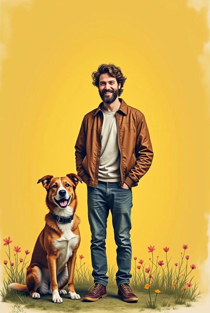 A calm and happy man standing, next to a sitting dog that is happy, with a cheerful background, that it is seen from afar and that it is a drawing, with a much more formal drawing style and a much more worked background, that it is like for the cover of a horror book, that looks like it was made by a person, que se mire less realistic, mucho less realistic, less realistic