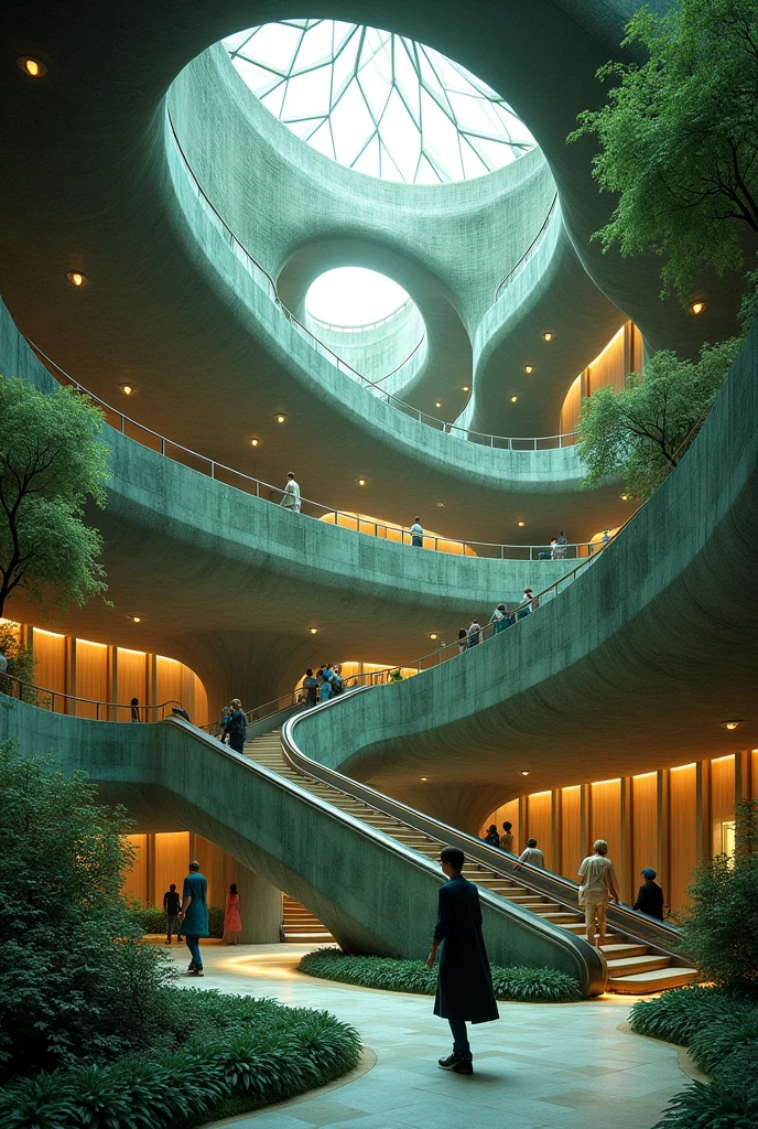 A coriander leaf like future architecture with windows and escalator which is people using and a beautiful ambience with green and and black