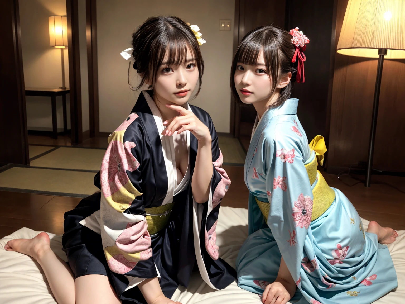 masterpiece, best quality, illustration, Super detailed, fine details, High resolution, 8K,wall paper, perfect dynamic composition,(Details High quality, realistic depiction of eyes:1.3), (2 girls), (idol, kimono:1.3), short bob hair, large breasts, black hair color, Big Natural Color Lip, bold sexy pose, crying a little、Harajuku style、30 year old girl、cute type、lolita、beautiful legs, hotel room, hposing Gravure Idol